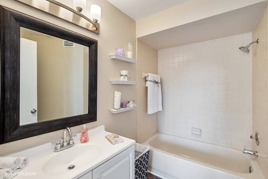 renovated bathroom decorated and staged