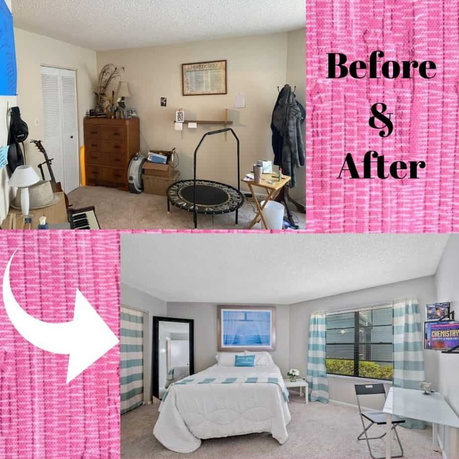 Before and After showing bedroom renovation and staging