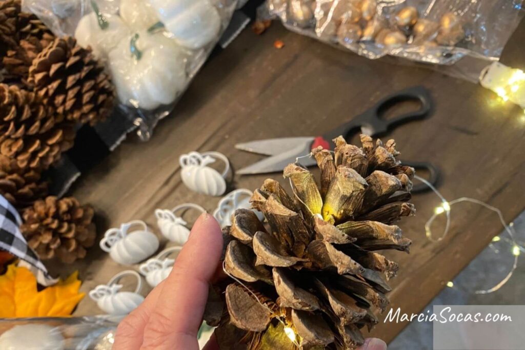 led lights wrapped around pine cones