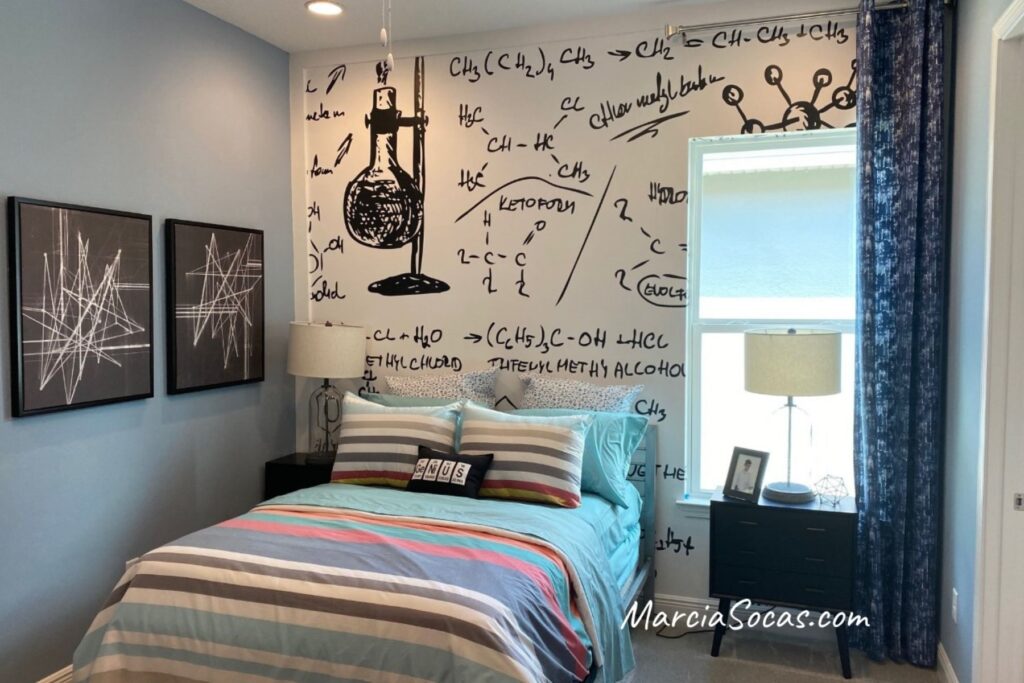 science themed bedroom with beakers and chemical formulas focus wall