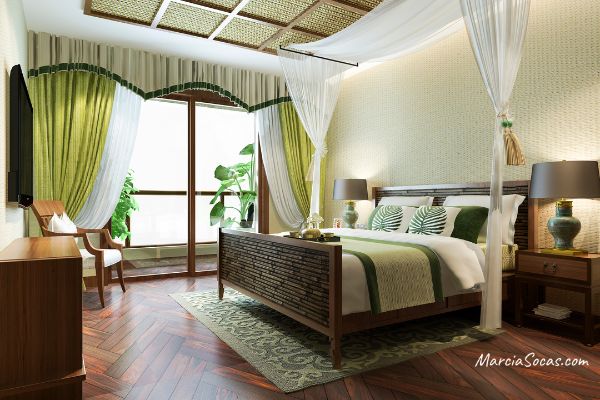 green and wood room with rich curtain drapes