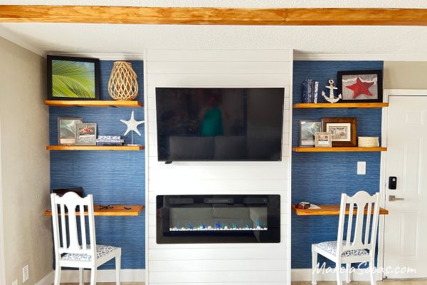 coastal living room with diy wall shelves