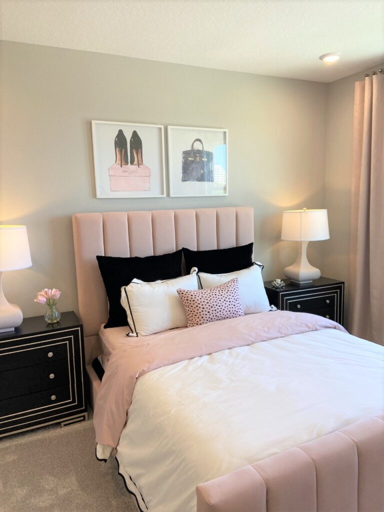 Chanel inspired fashion bedroom, pink, black, and white.